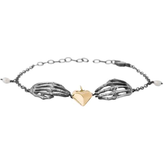 Orrifinn Milagros - Silfur armband, hendur með stóru gullhjarta og perlum